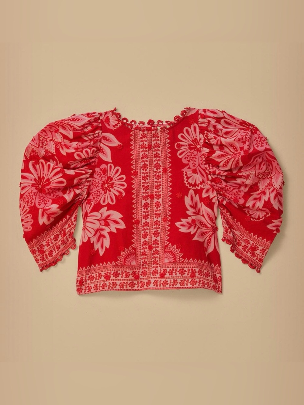 FARM RIO Flora Tapestry Appliqué Puff Sleeve Red Beaded Button Back Blouse XS S